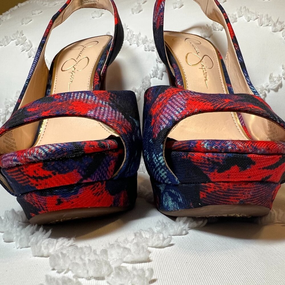 Jessica Simpson "Sabella" Sling Back Red & Blue Floral Platform Pump SIZE 7M/37 - Picture 10 of 10